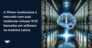 Banner sobre revolução de instâncias, holograma de cérebro em um datacenter